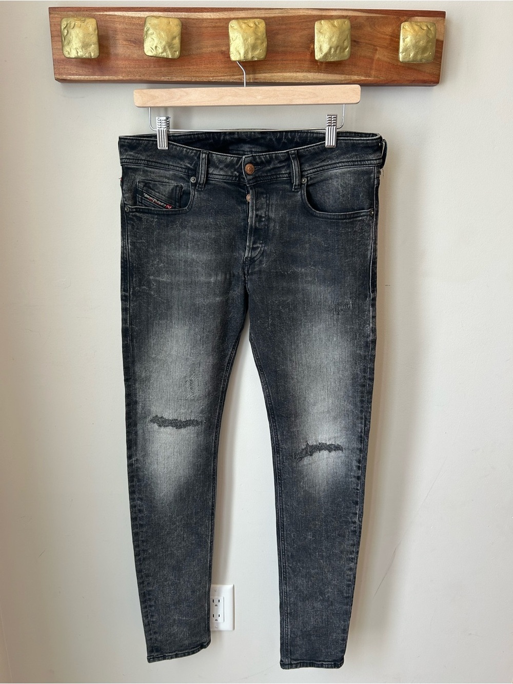 Diesel Sleekner Skinny Jeans W31 Black Acid Wash Distressed Grunge Y2K
